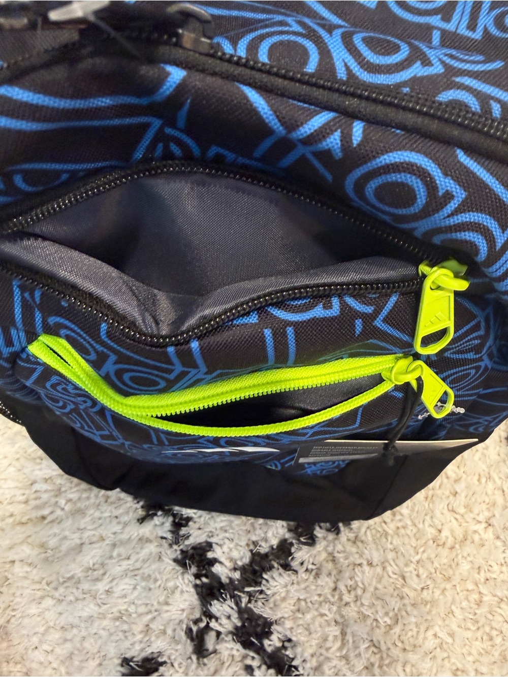NWT adidas Backpack Blue Black All Over Logo Print Neon Green School Sports Bag - Picture 12 of 14